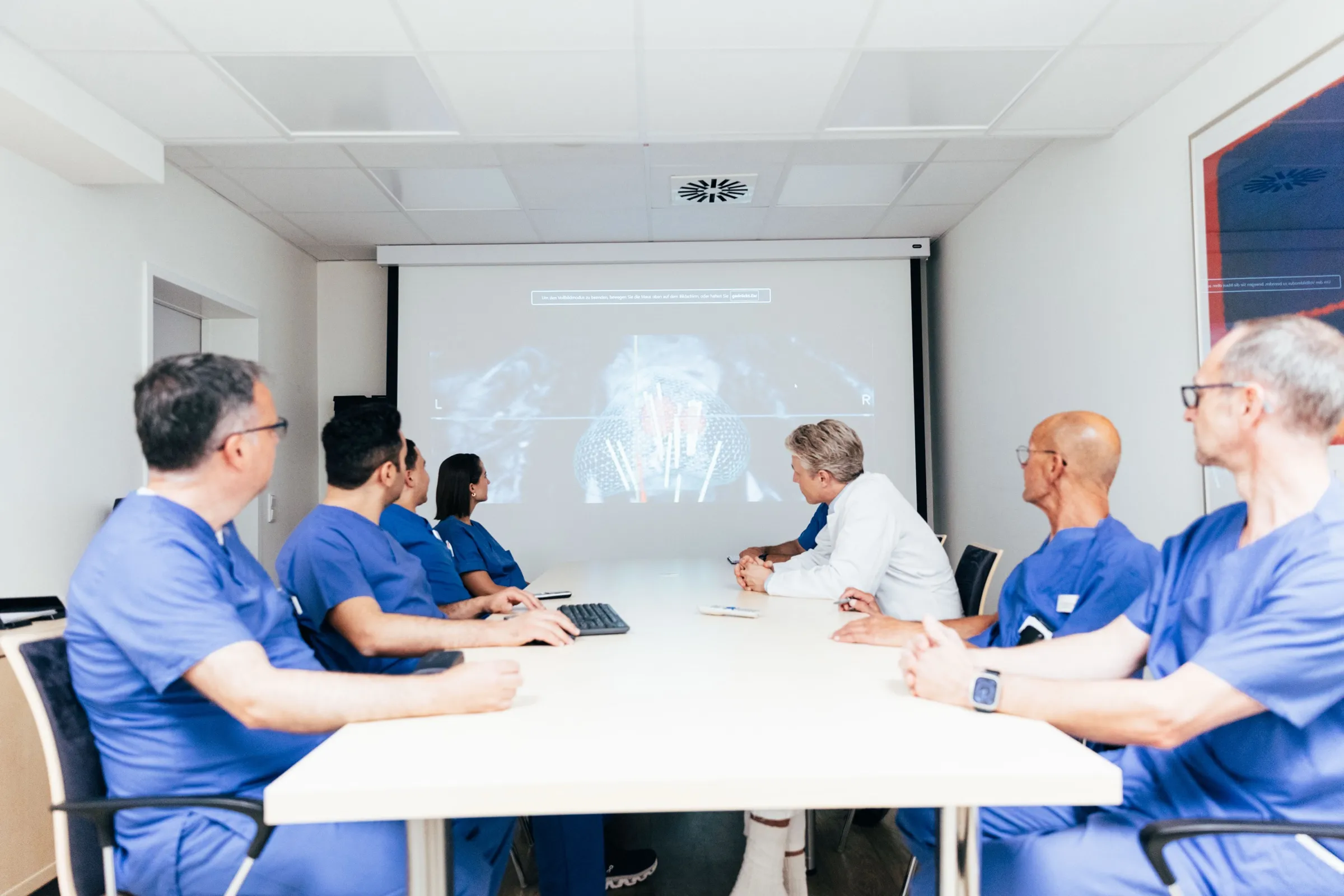 Das Team der Klinik für Urologie blickt im Besprechungsraum auf eine projizierte dreidimensionale Rekonstruktion der Prostata.